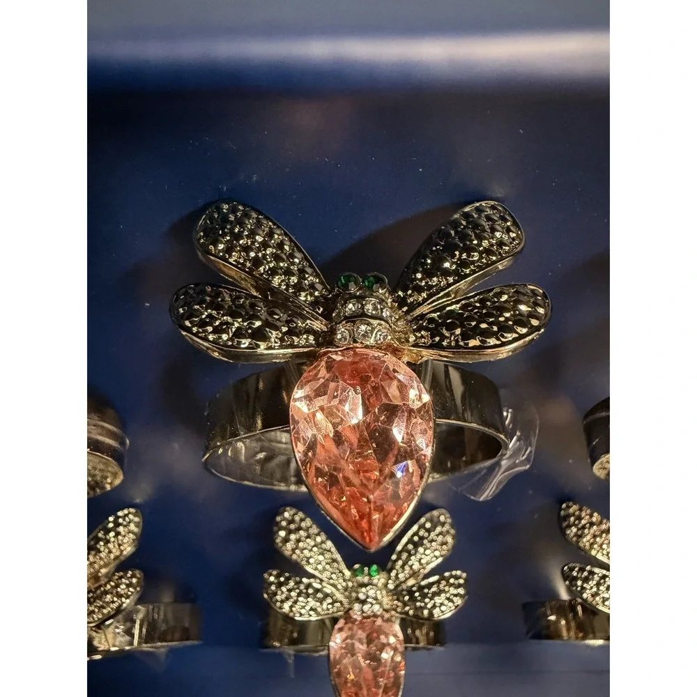 Joy by Joanna‎ Buchanan Dragonfly Jeweled Napkin Rings Set of 6 Pink Crystal Box